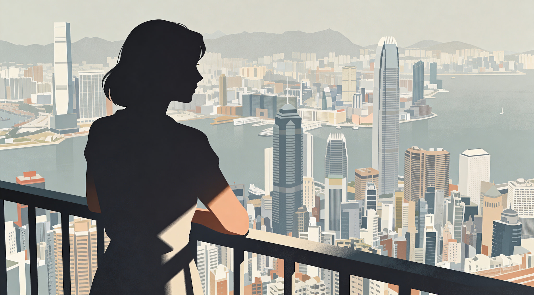Silhouette of a woman looking out over a cityscape with harbor