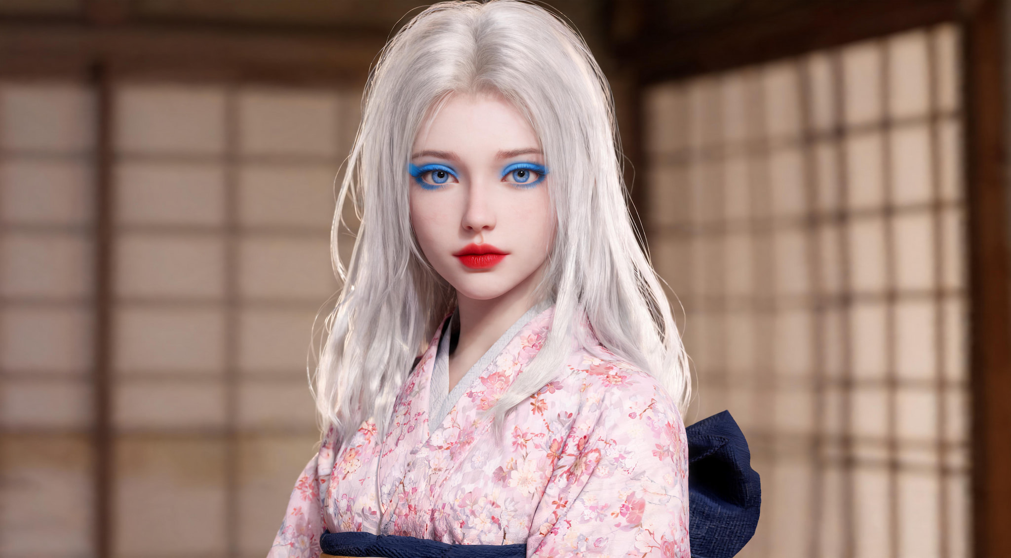 Portrait of a woman with silver hair wearing a floral kimono