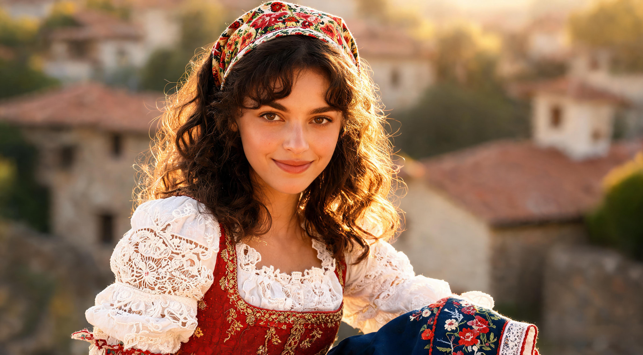 Woman in traditional European folk dress with floral headscarf