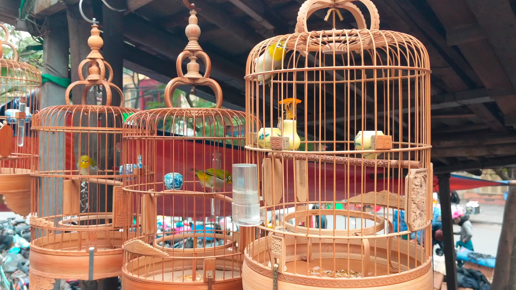 Ornate wooden bird cages with small birds at a market