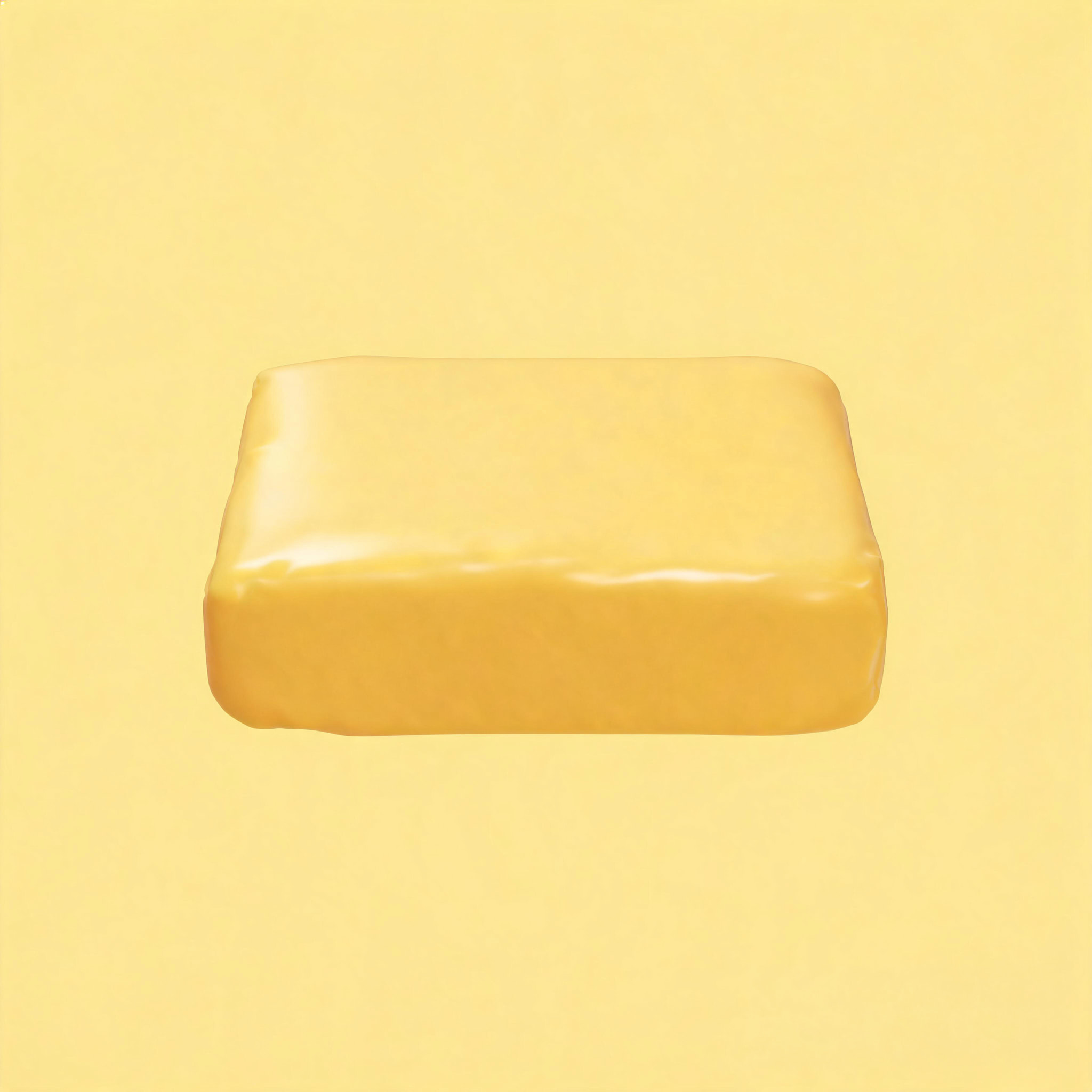 A square block of yellow butter on a matching yellow background