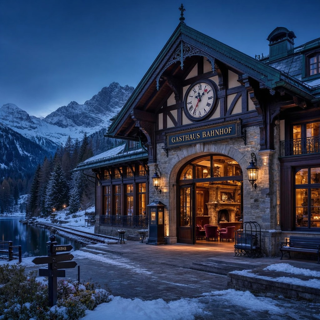 A rustic alpine guesthouse featuring an analog clock above the entrance, set against a snow-covered mountain landscape at twilight.