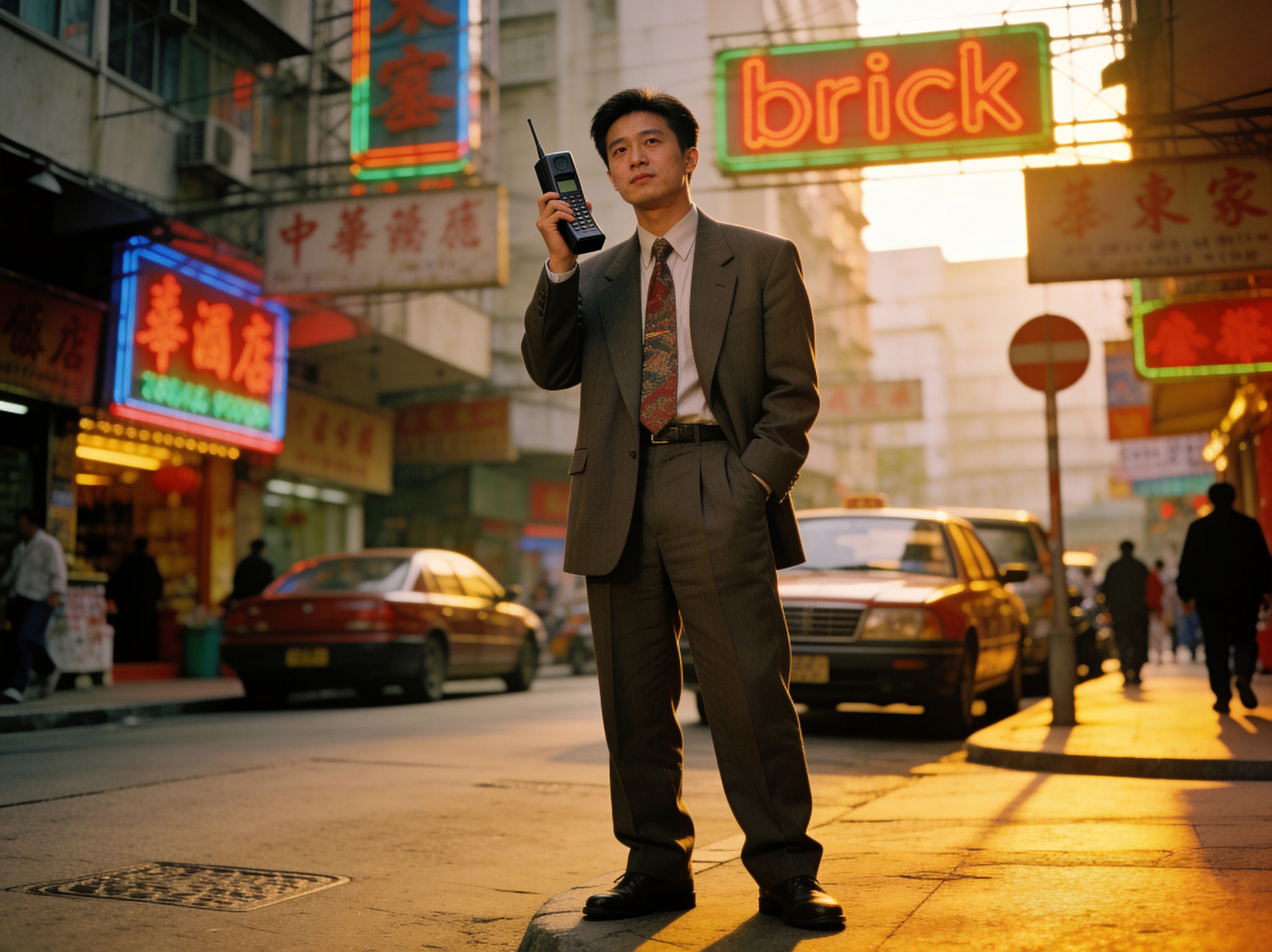 A businessman standing on a city street corner holding an old-fashioned brick cellular phone, with neon signs in the background.