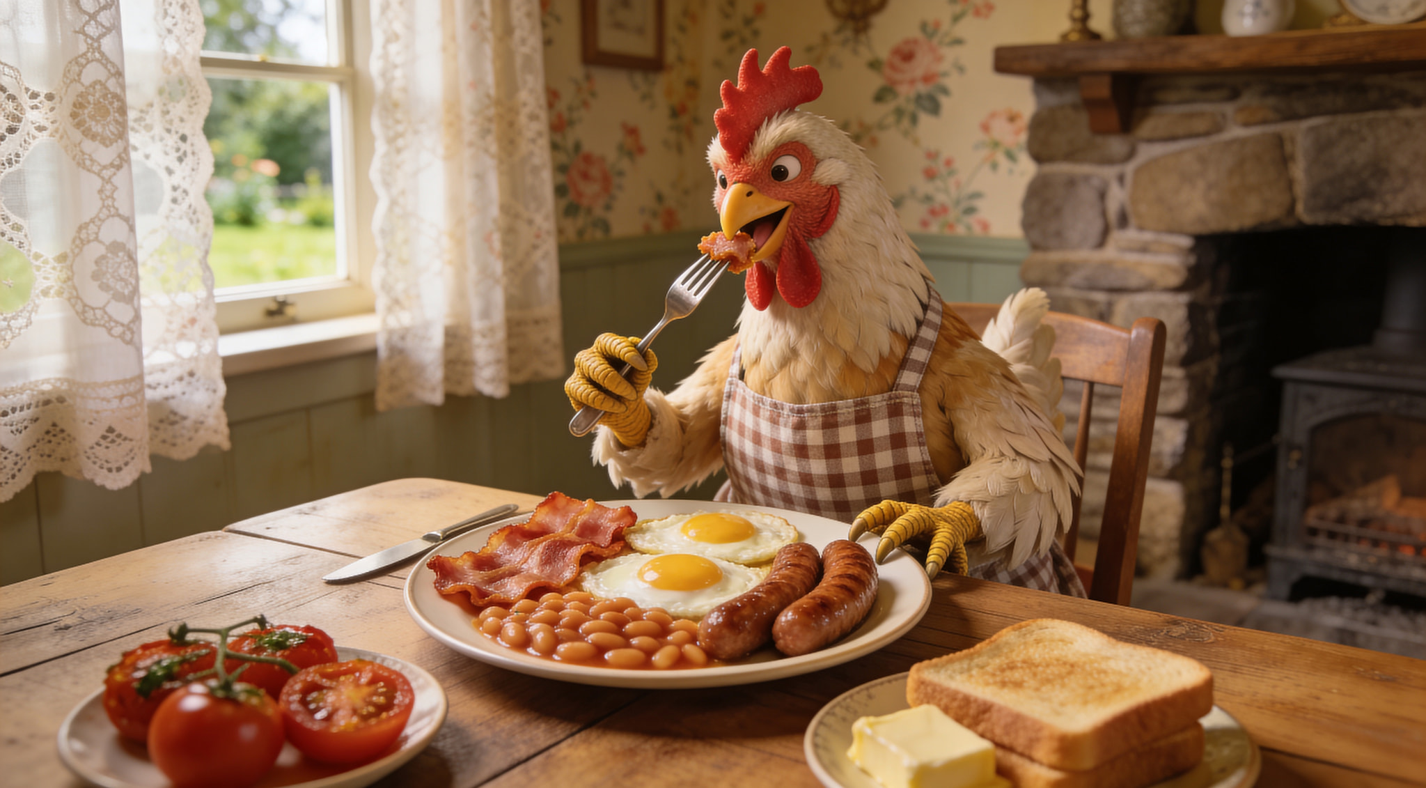 An anthropomorphic chicken wearing an apron eats a full English breakfast at a rustic dining table.