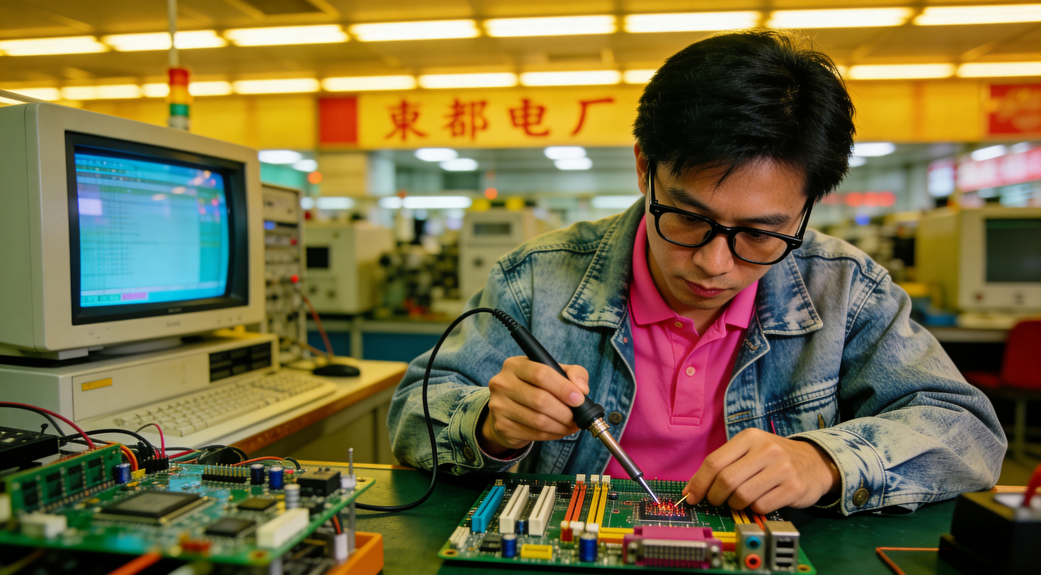Engineer soldering a computer motherboard motherboard on a workbench