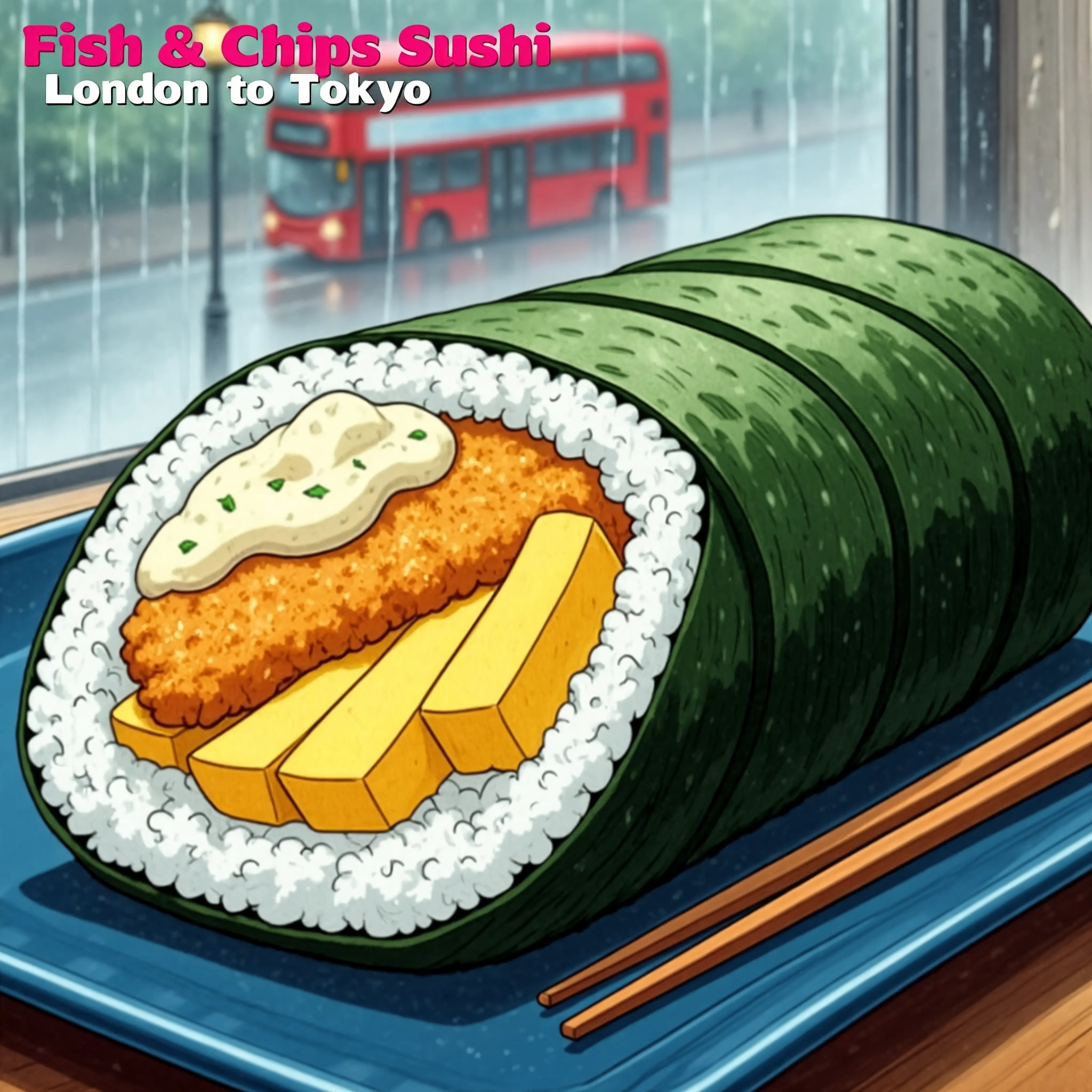 An illustrated fusion sushi roll containing fish and chips topped with sauce, set against a rainy London street background with a red bus.