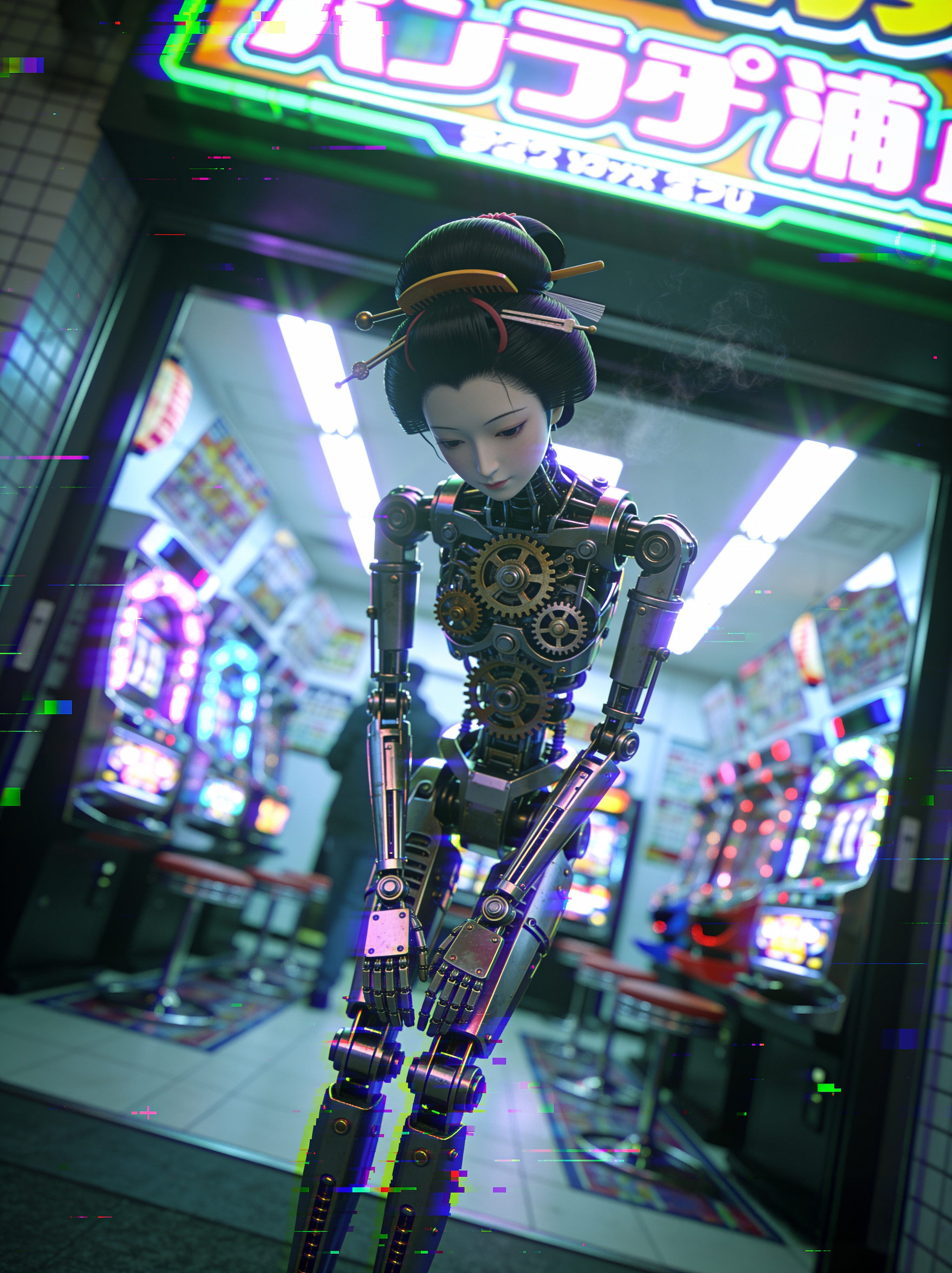 A geisha-inspired robot with exposed gears and metallic components standing inside a neon-lit Japanese arcade.