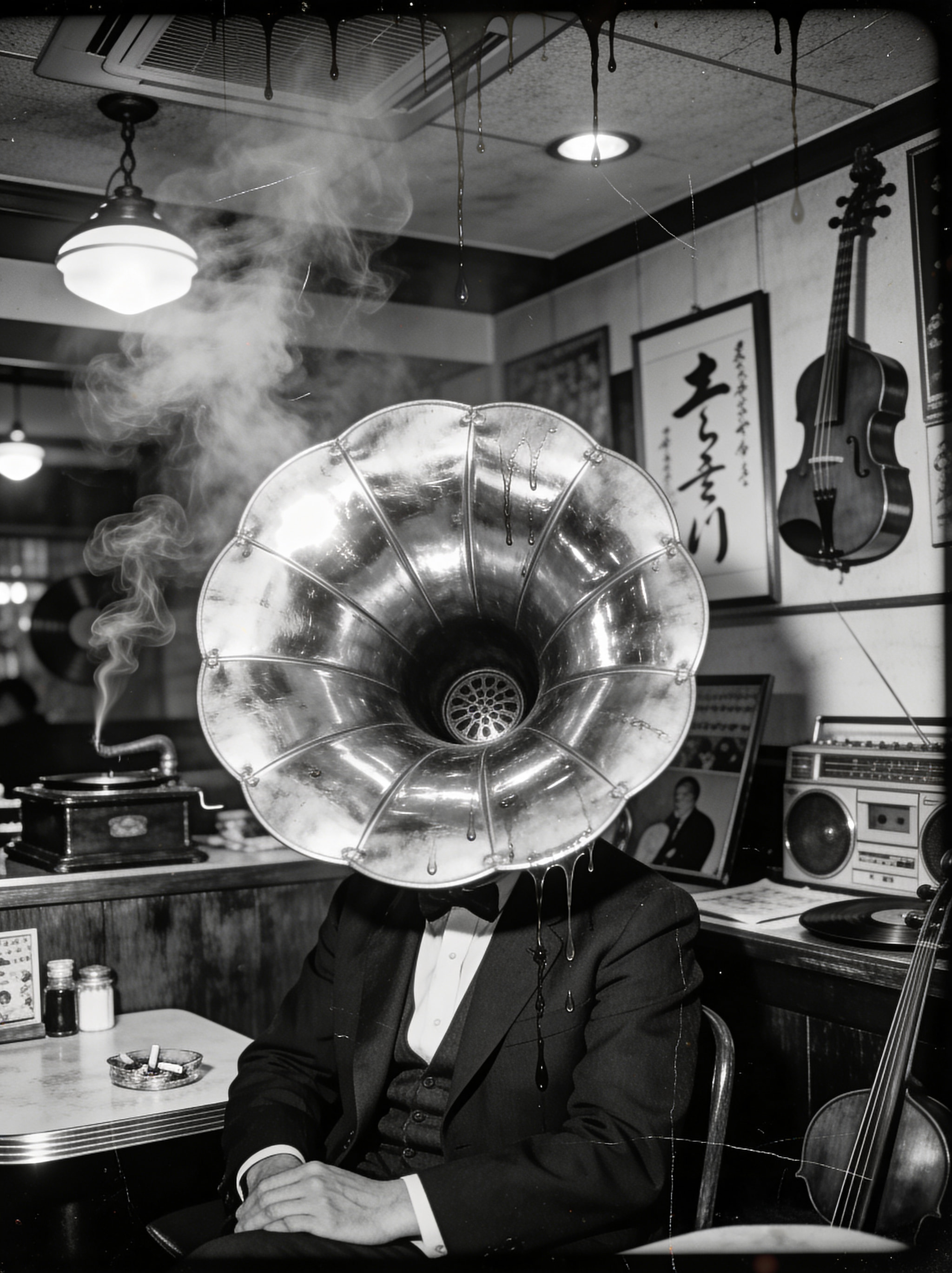 A person in a suit with a gramophone horn for a head, dripping with liquid in a retro room.
