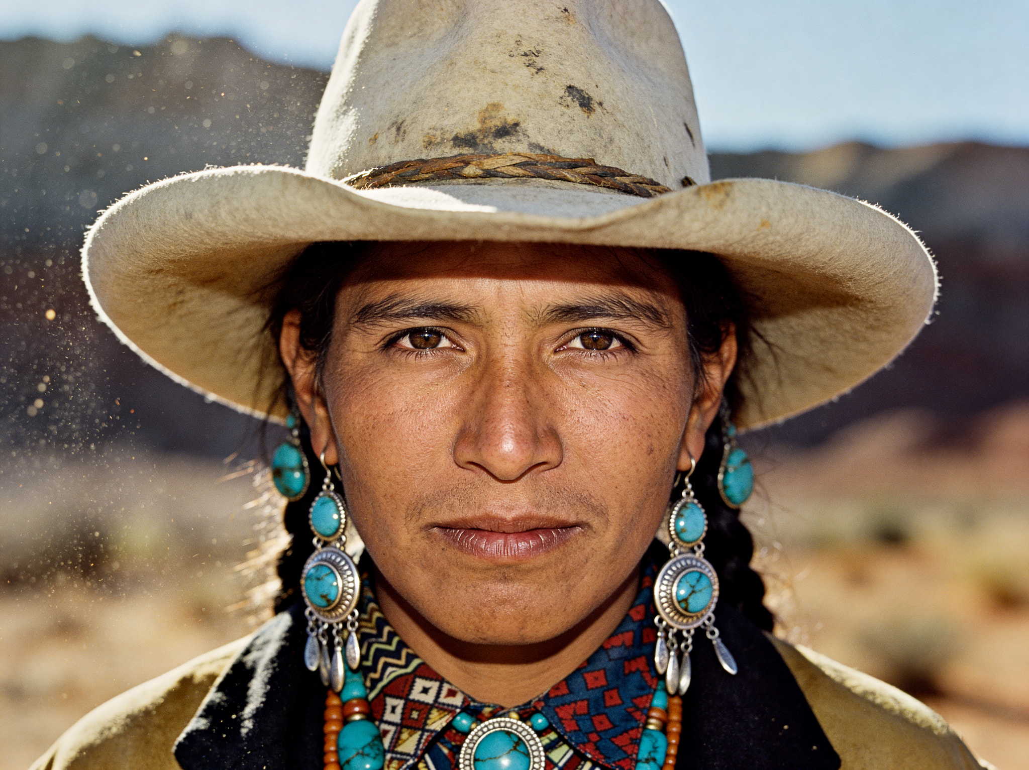 Close-up portrait of an Indigenous person wearing a traditional hat and turquoise jewelry in a desert landscape.