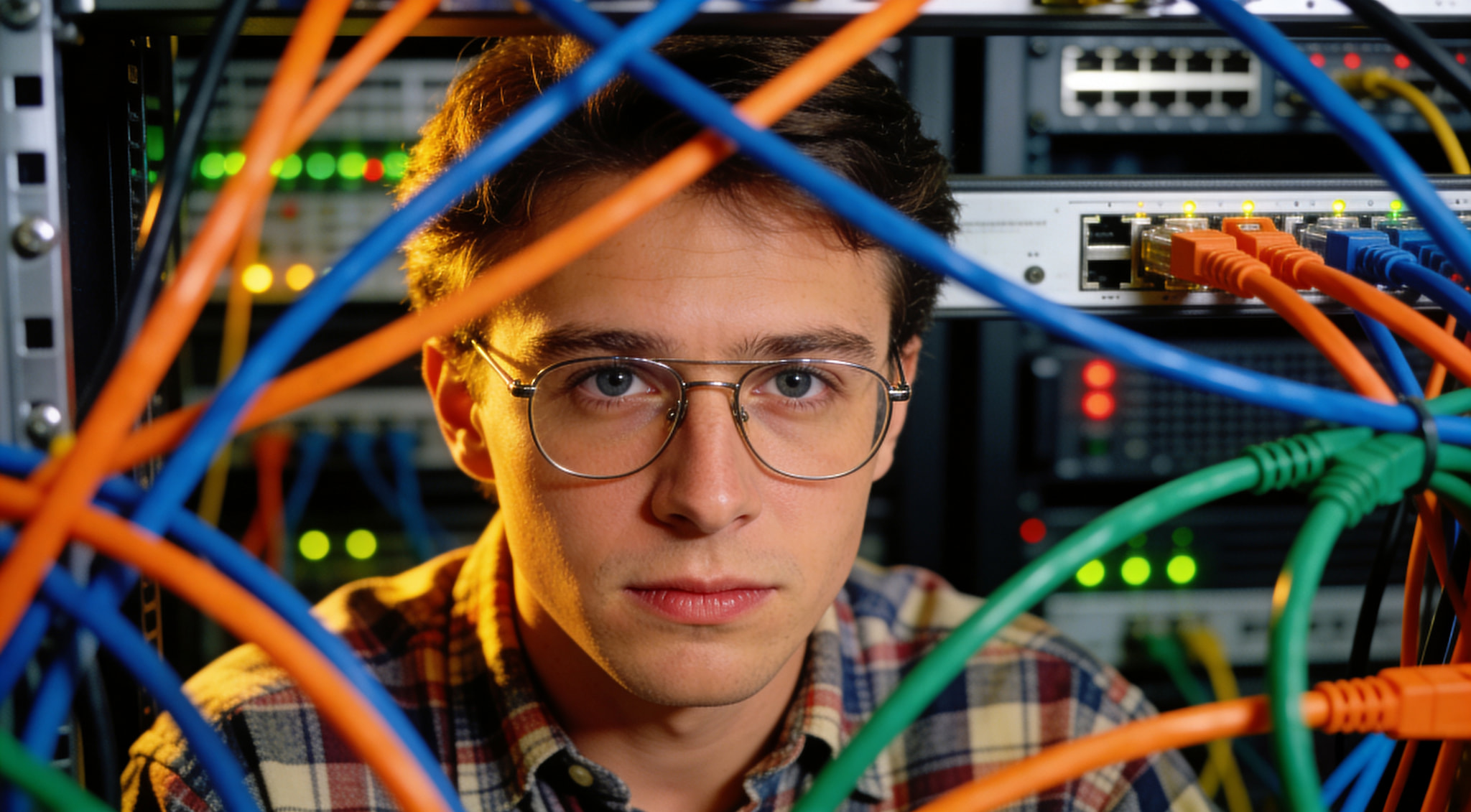 IT professional peering through a network of colorful ethernet cables in a server room