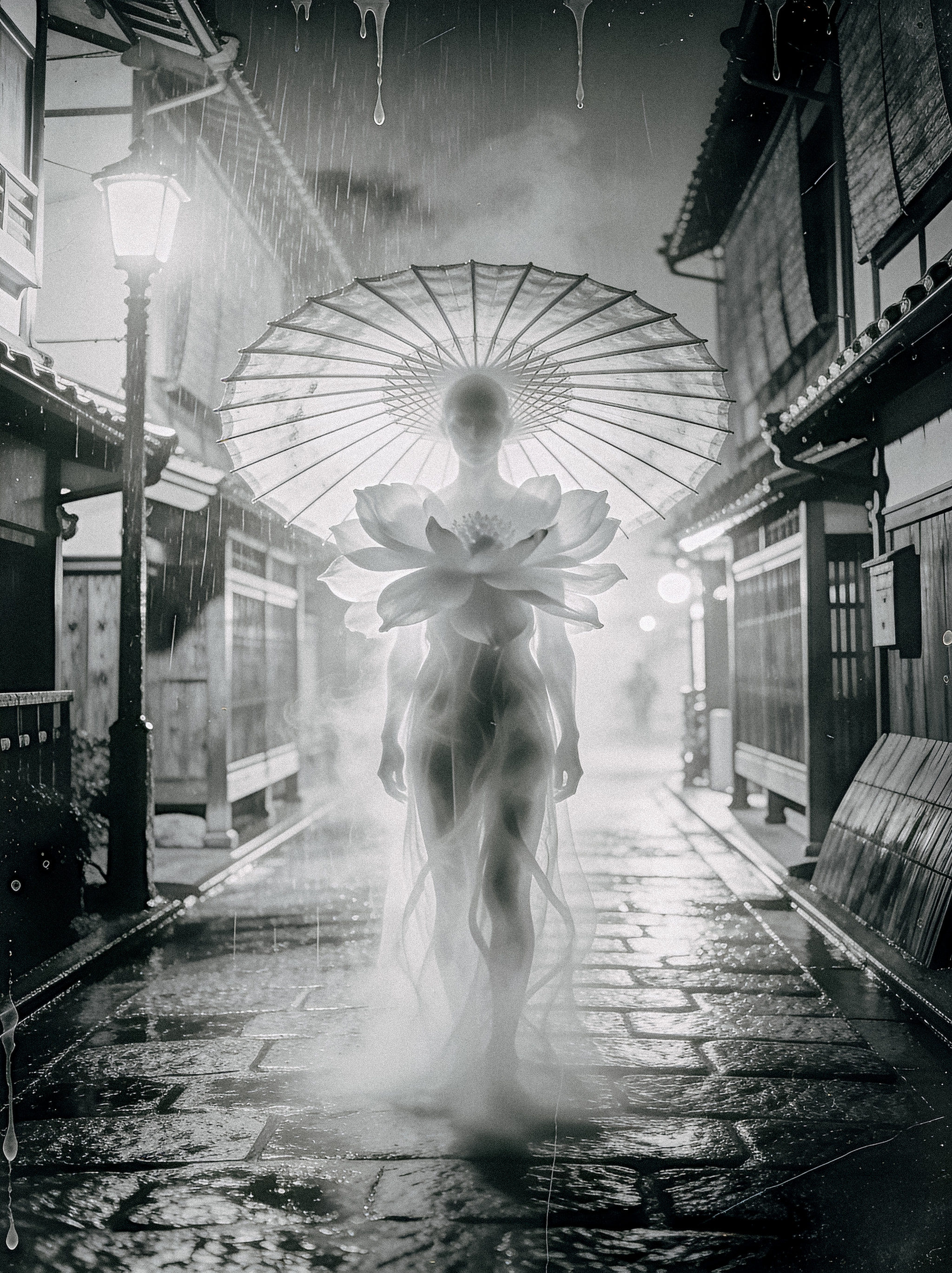 A surreal figure with a lotus flower chest and paper umbrella walking down a rain-slicked Japanese alley at night.