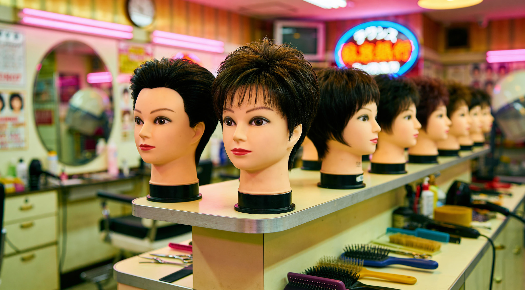 A row of mannequin heads with various hairstyles displayed on a shelf in a hair salon.