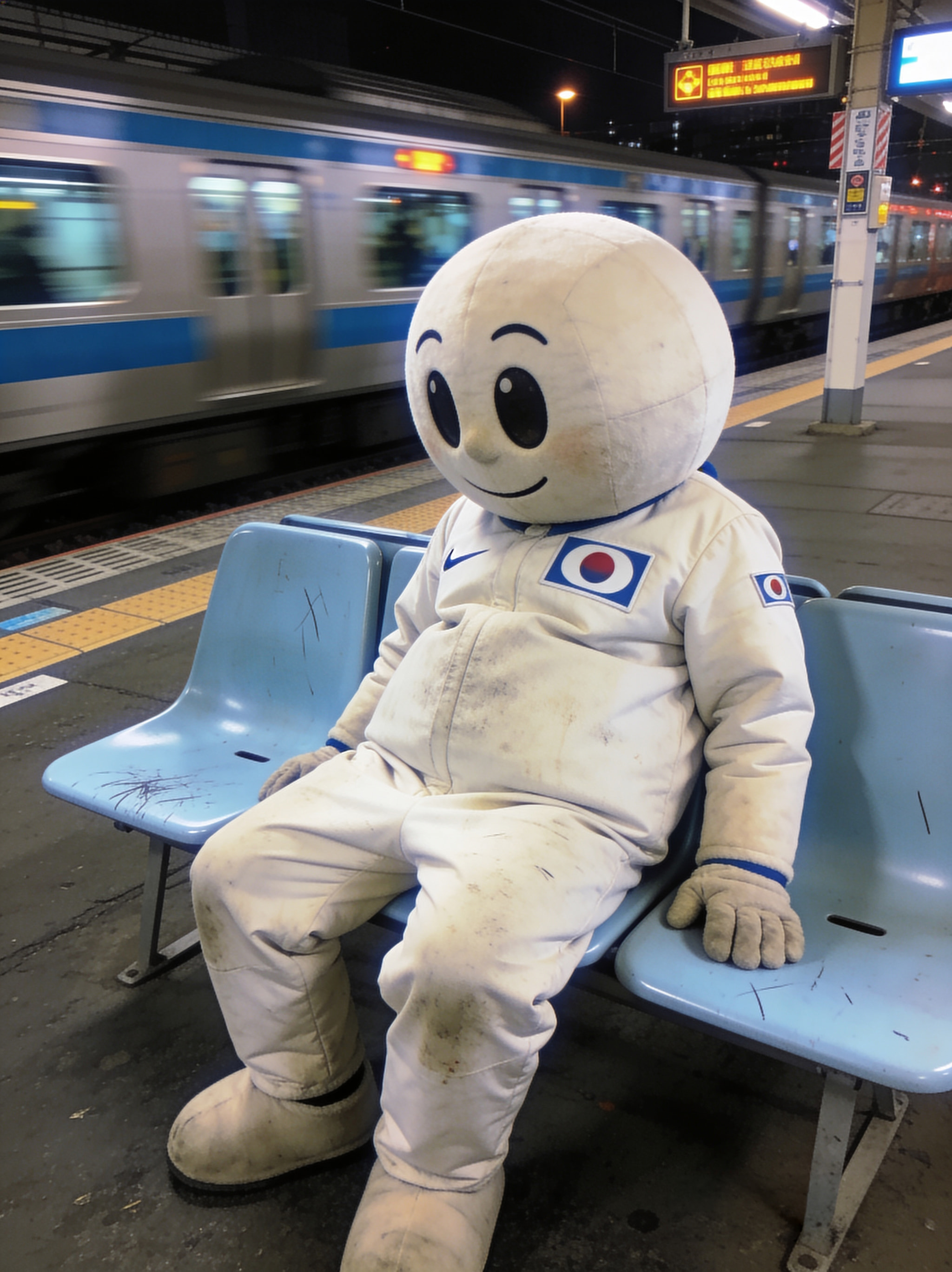 Person in a white mascot costume sitting on a blue train station bench at night