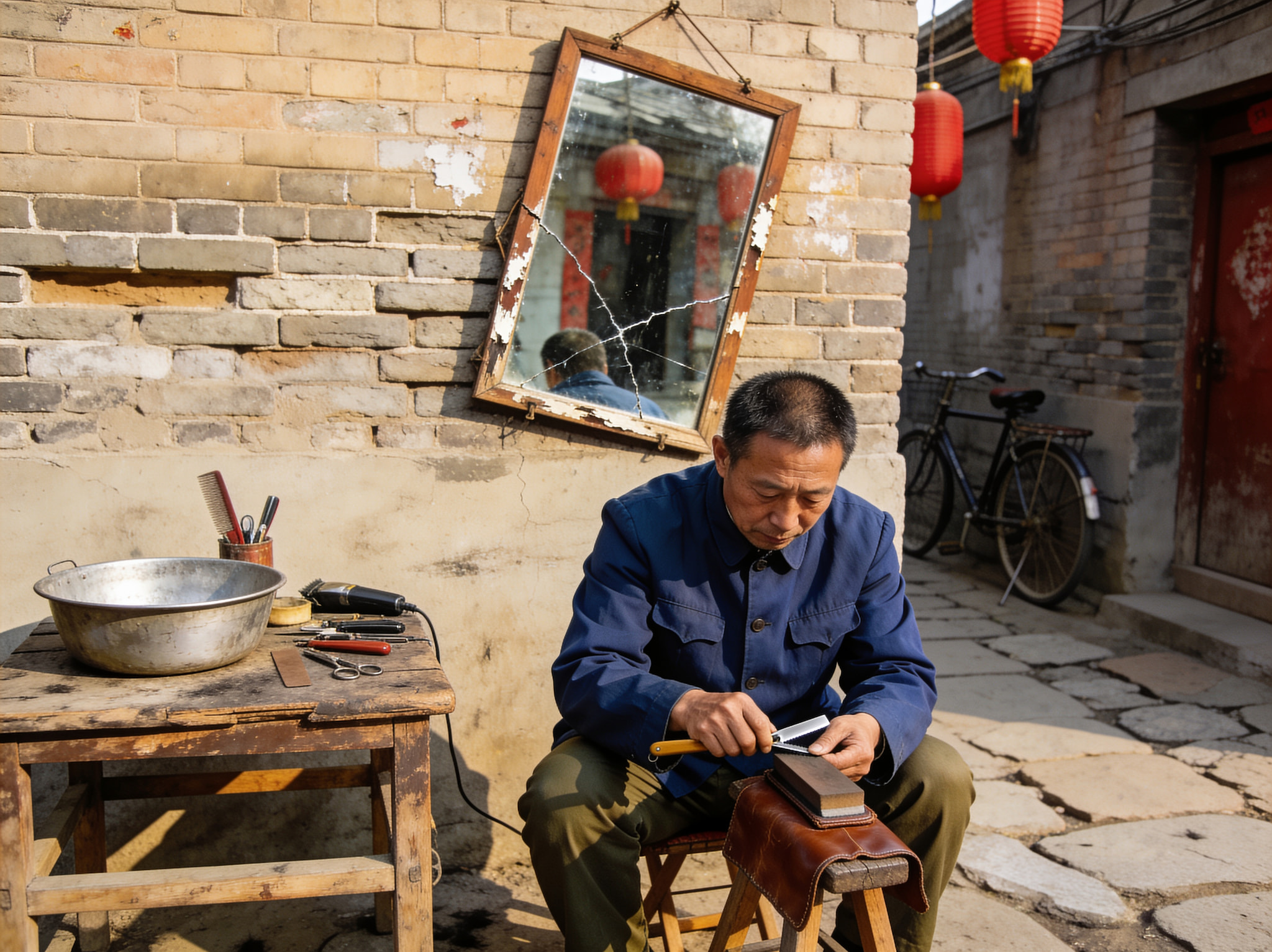 An elderly Chinese barber sharpening a straight razor on a whetstone in a courtyard