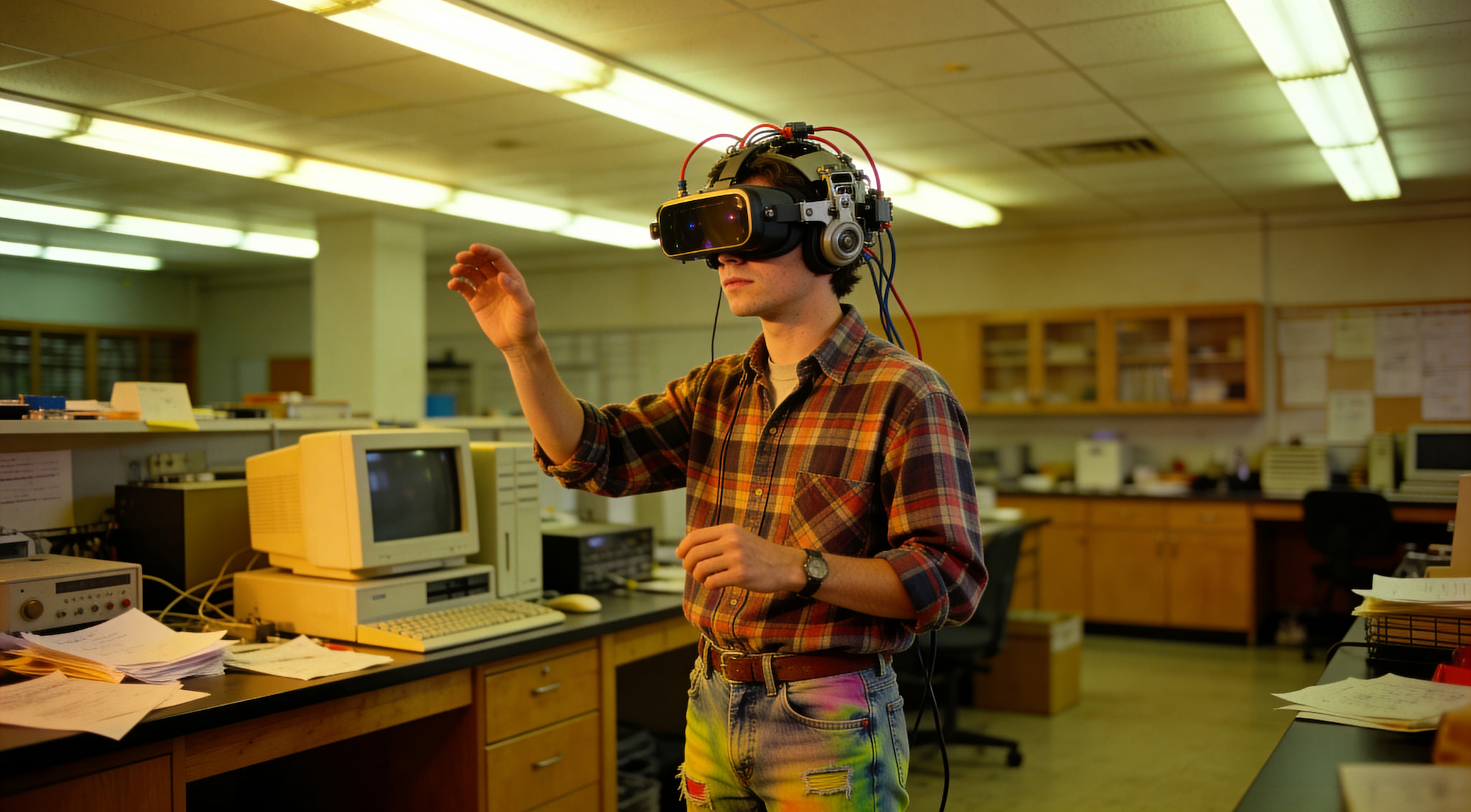 A young man wearing a vintage VR headset interacts with digital space in a retro office.