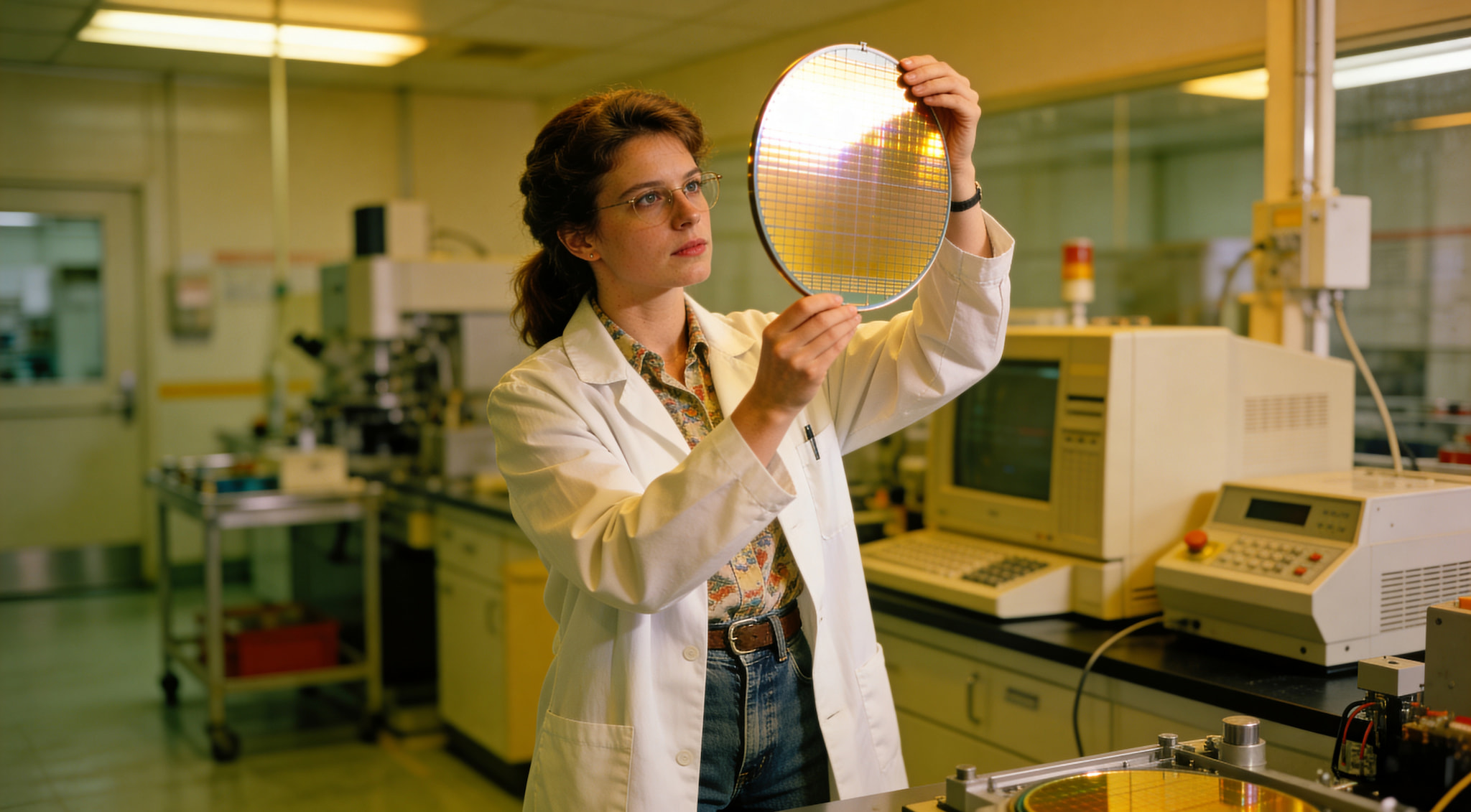 A female scientist in a laboratory holding a silicon wafer up to the light for inspection.