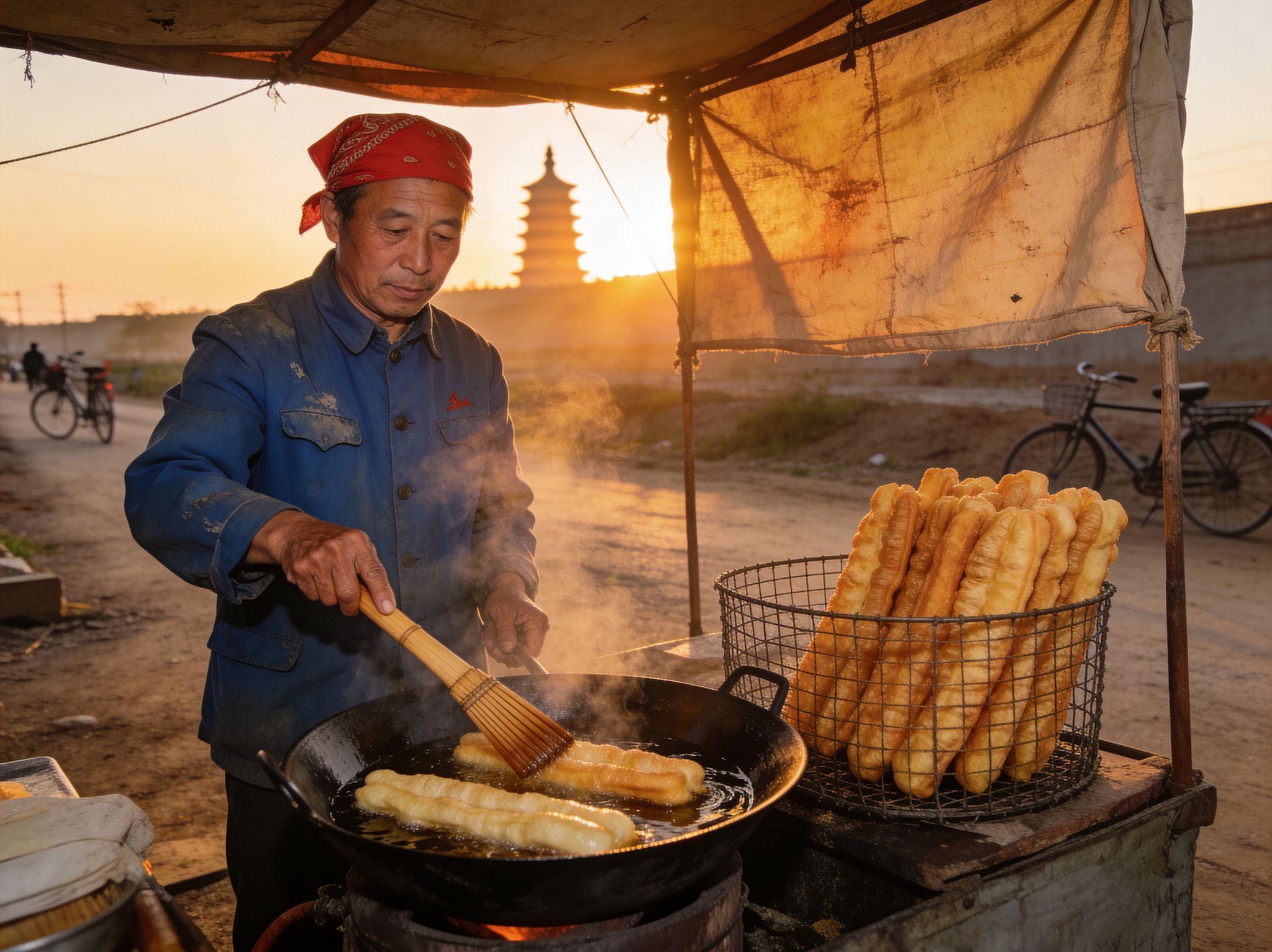 Street vendor frying youtiao in a wok at sunrise with a pagoda in the distance.