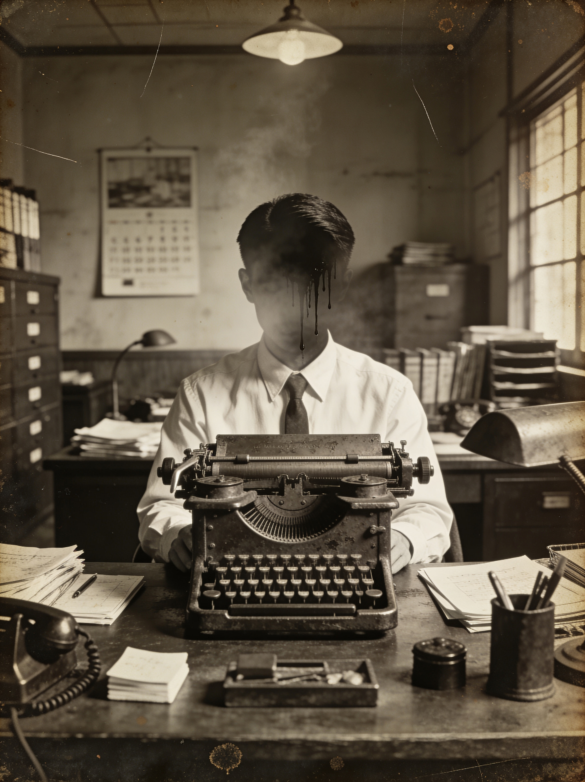 A man in a vintage office at a typewriter with his face obscured by a dark, dripping cloud.