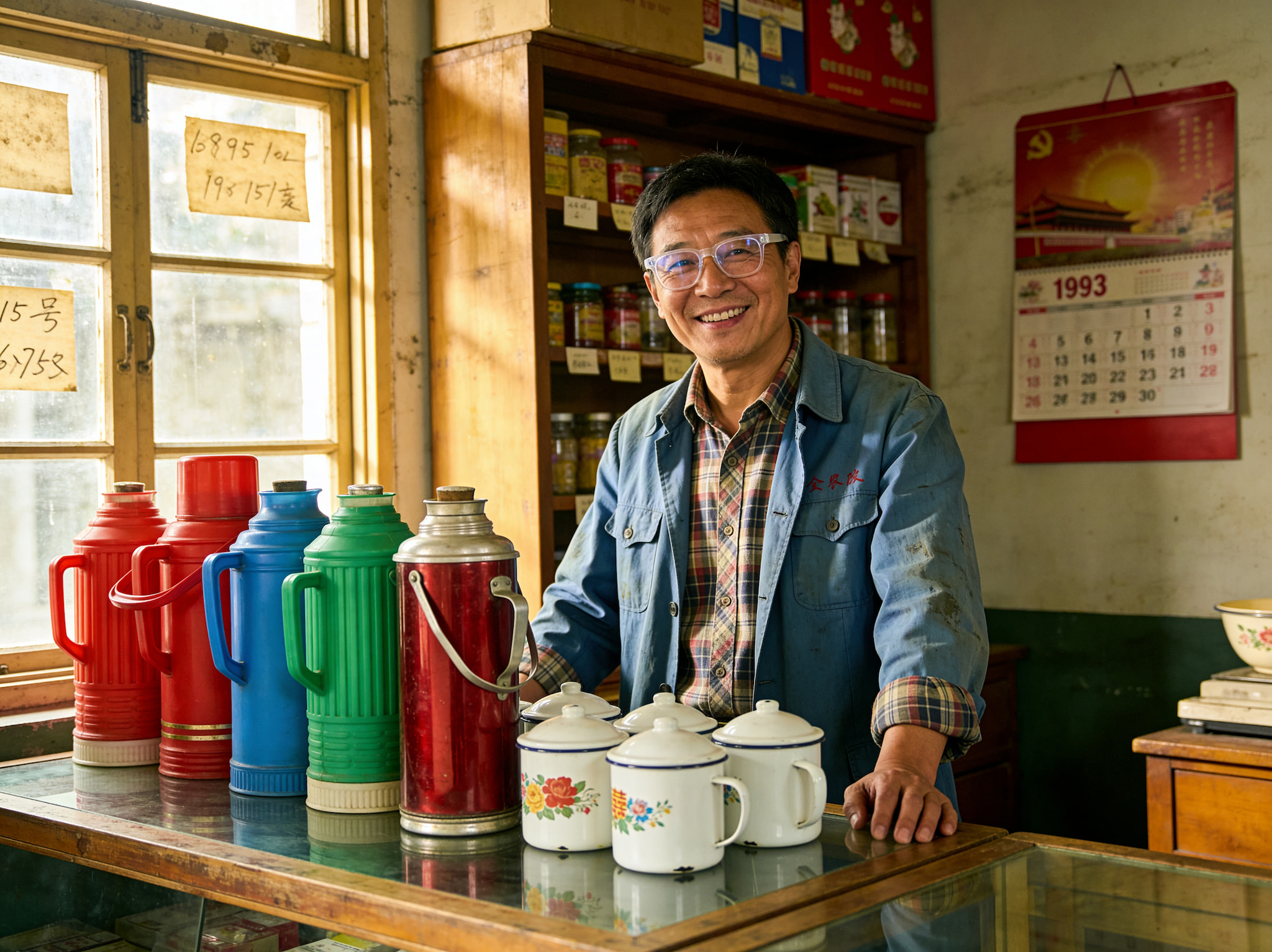 A smiling Asian man in a blue work shirt standing behind a shop counter with vintage thermoses and mugs.
