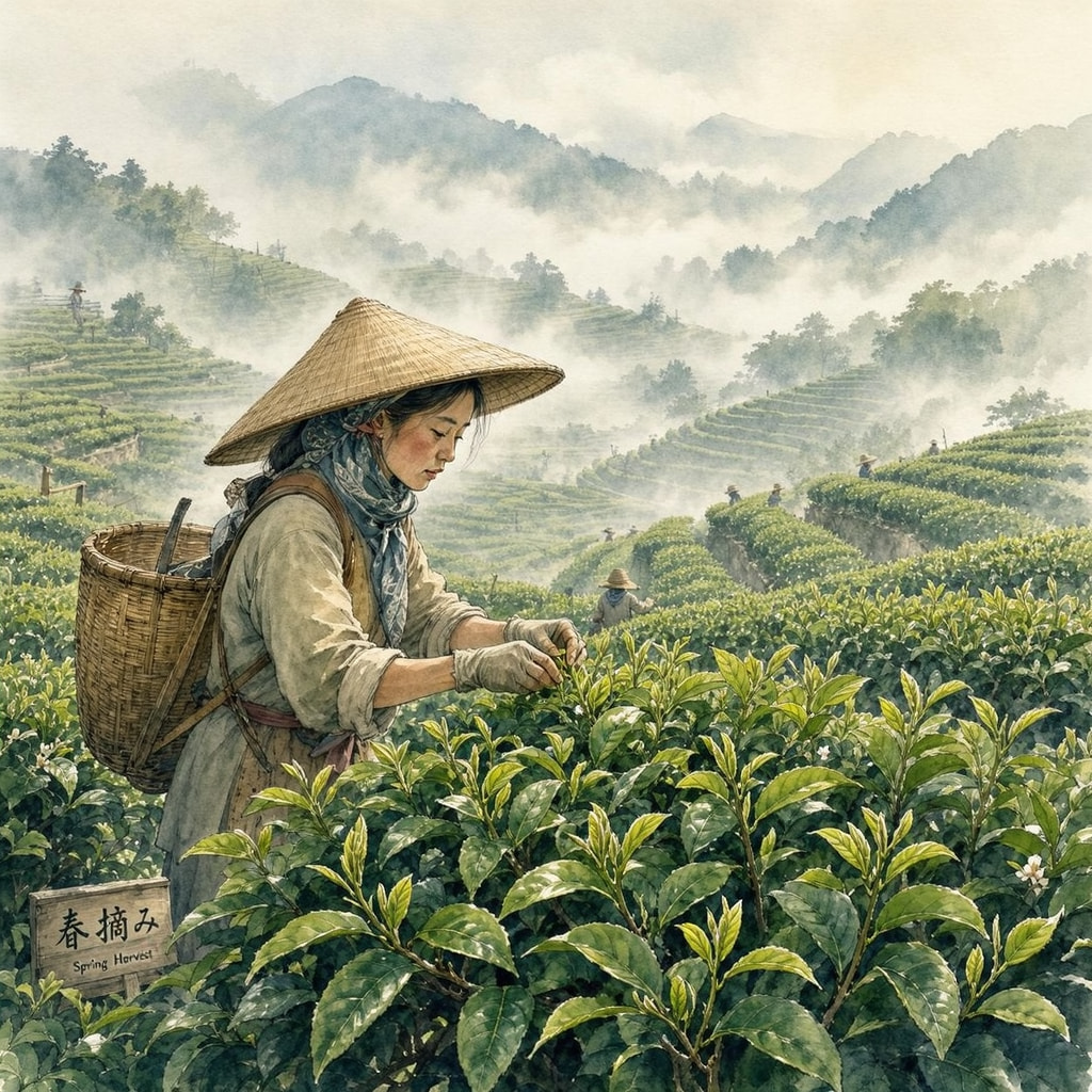 A woman wearing a traditional straw hat harvests tea leaves in a misty mountain plantation.