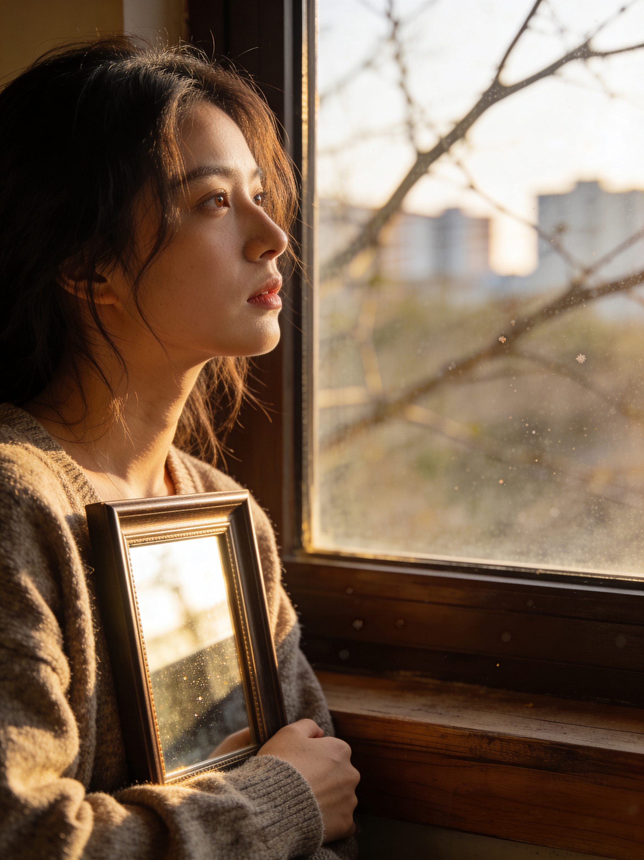 Young woman looking out a window while holding a small wooden picture frame.