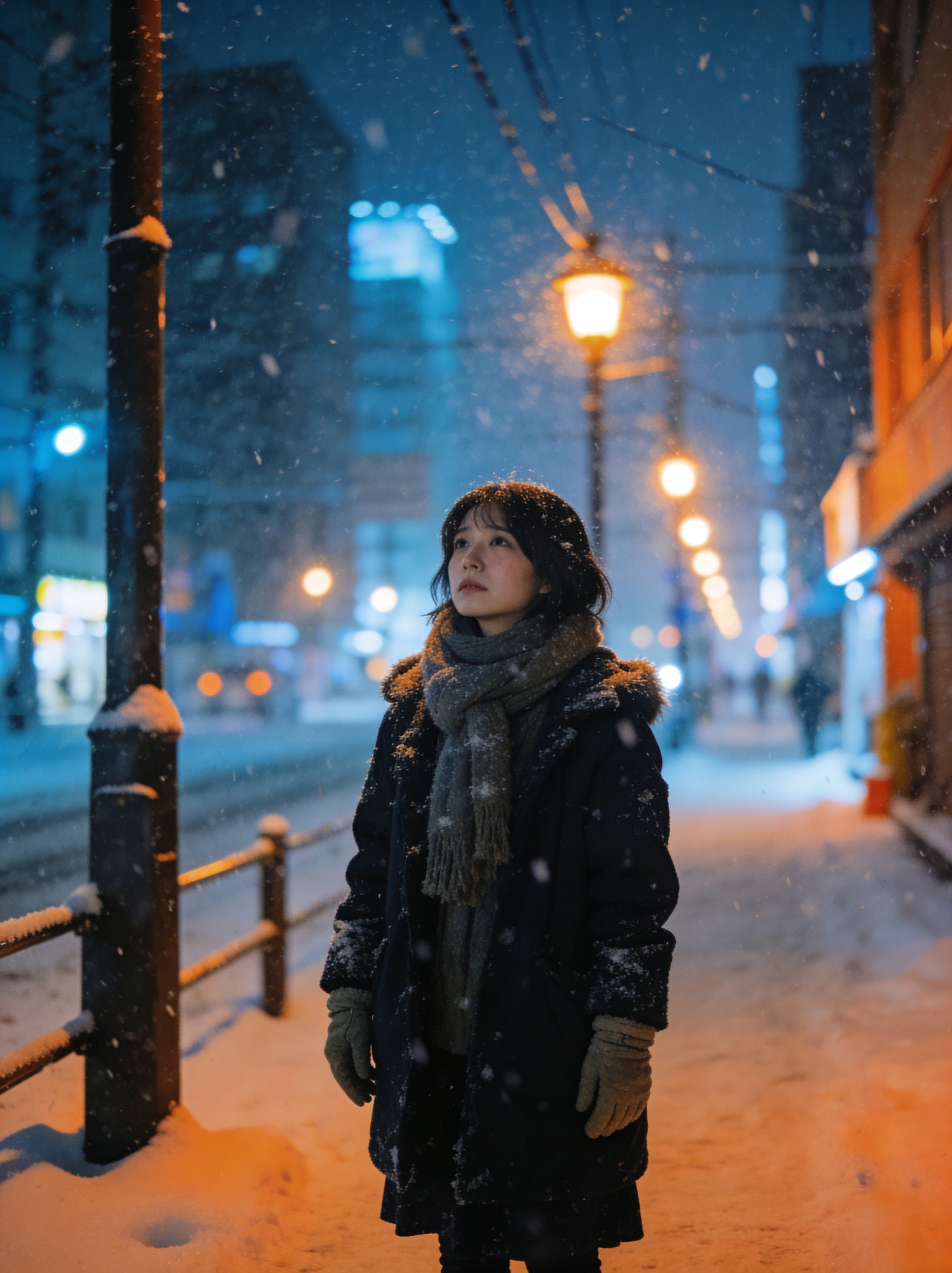 Young woman standing on a city sidewalk during a snowfall at night under street lights